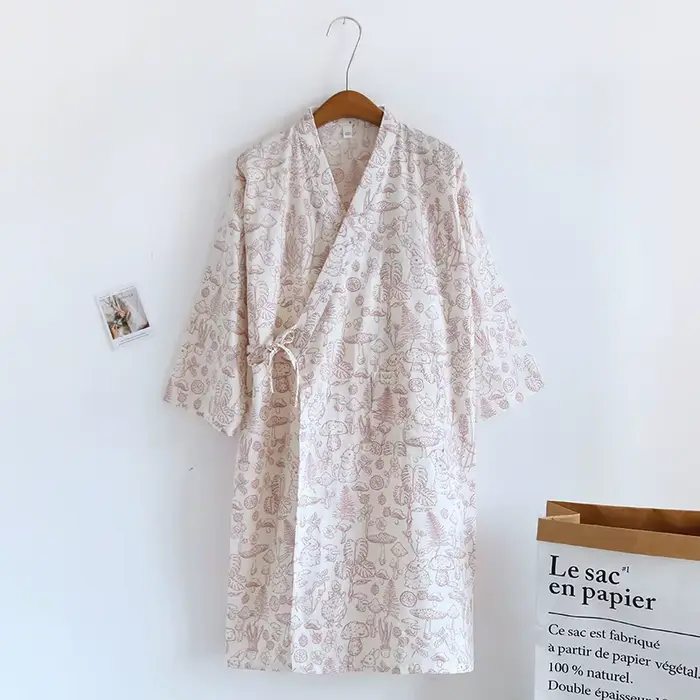 Robe Kimono japonaise pour femmes, imprimé forêt de champignons, 100% coton, Yukata, Robe de chambre
