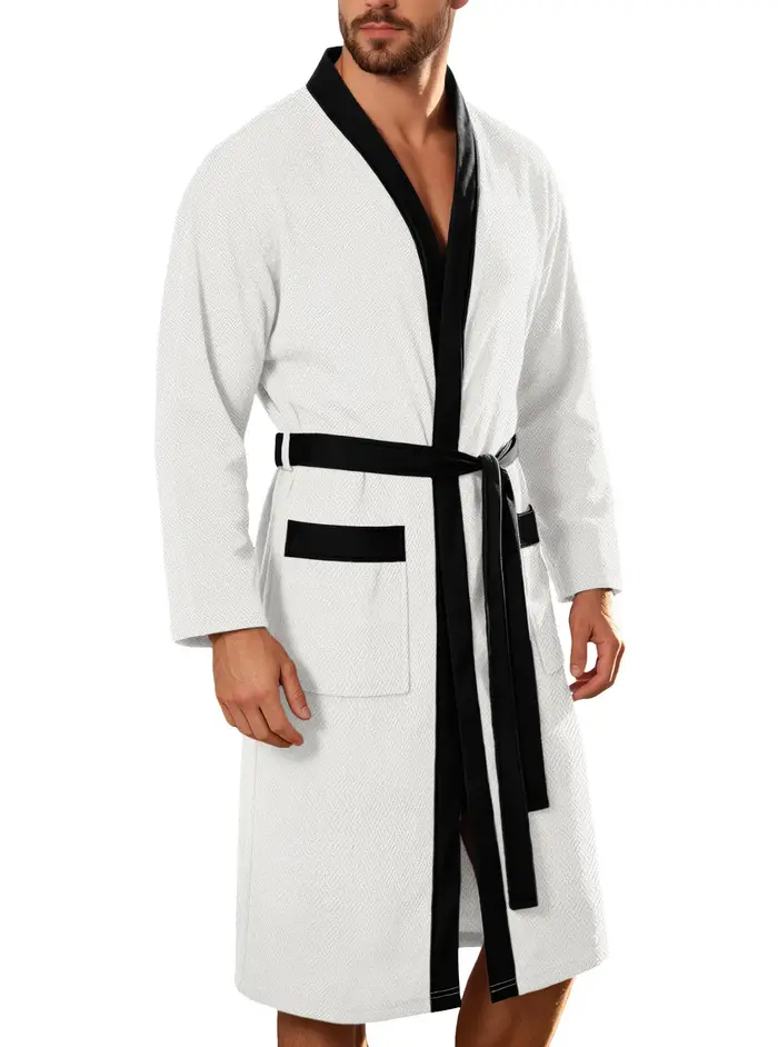 Peignoir long en tissu éponge pour homme, avec ceinture, double poches, décontracté, pour la maison,