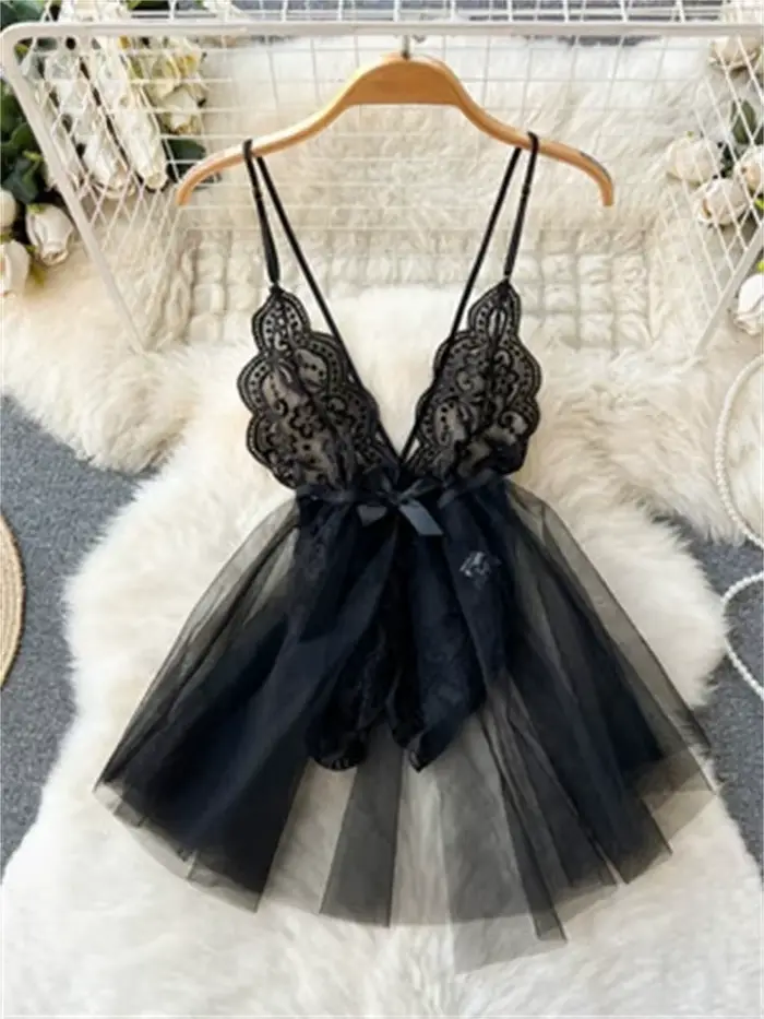 Nouvelle Robe Courte Femme en Dentelle Sensuelle, Col en V, Entrejambe Ouvert, Moulante et Confortab