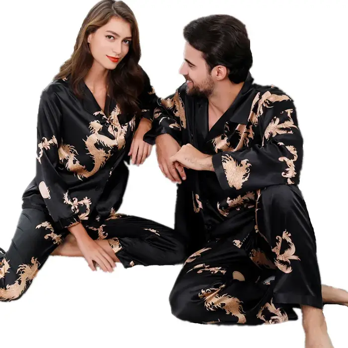 Ensemble de pyjama à manches longues pour hommes, vêtements de nuit deux pièces, rayonne, motif dragon, style chinois, maison, couples