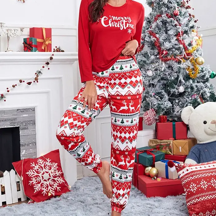 Ensemble pyjama joyeux noël pour femmes, manches longues, lettres imprimées, vêtements de nuit, coup