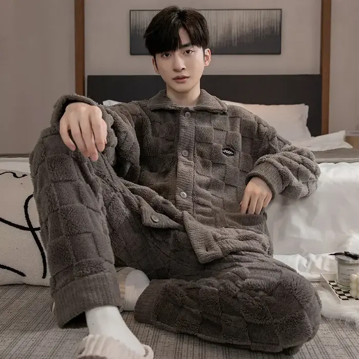 Ensemble de pyjama homme 2026 – Nouveauté mode en flanelle épaisse à manches longues, deux pièces po