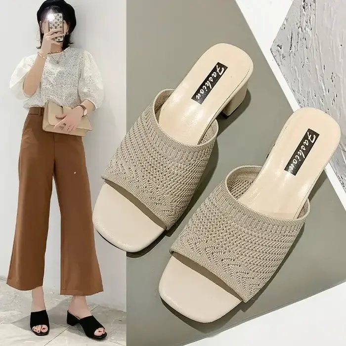 Pantoufles d'été à talon moyen pour femmes