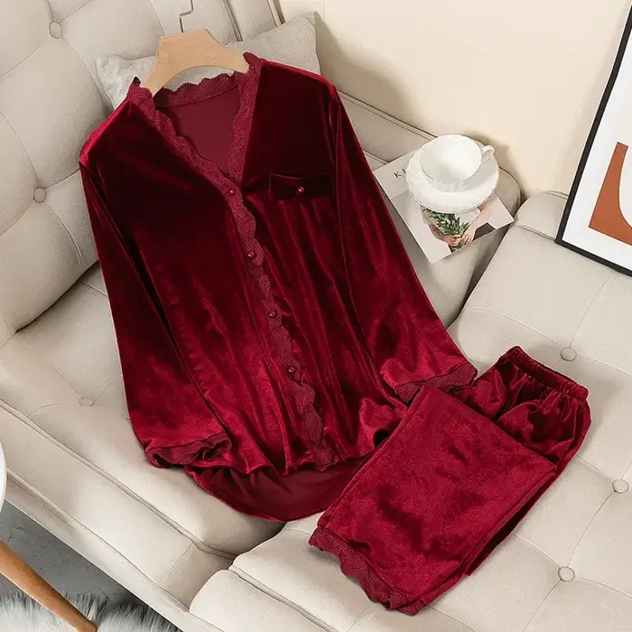 Nouveau velours vêtements de nuit femmes dentelle douce à manches longues deux pièces ensemble peut être porté à