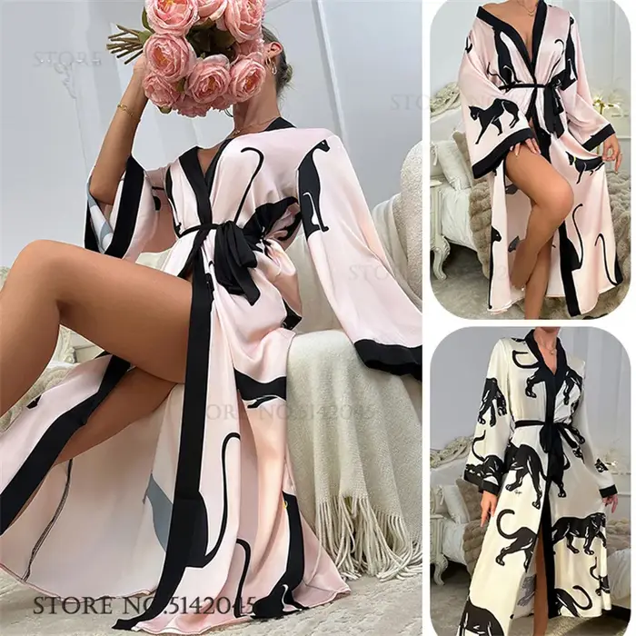 Femmes soie Satin longue Robe vêtements de détente imprimé dessin animé léopard chat Kimono peignoir