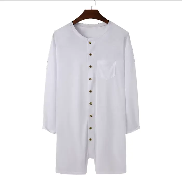 Pyjama sexy pour homme, combinaison, couleur unie, col rond, manches longues, t-shirt et short, nouv