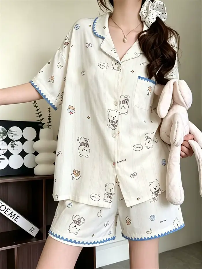 Pyjama pour femmes Y2K, haut à manches courtes, short, vêtements de nuit d'été, pyjama Kawaii, vêtem