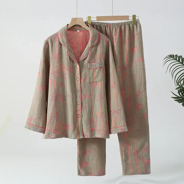 Pyjama rétro Double couche en pur coton pour femmes, ensemble deux pièces à manches longues, vêtemen