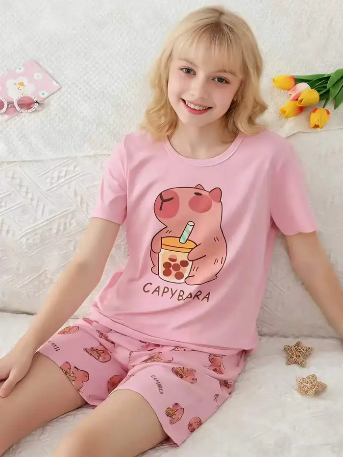 Ensemble 2 pièces de shorts à manches courtes doux et mignons pour adolescentes