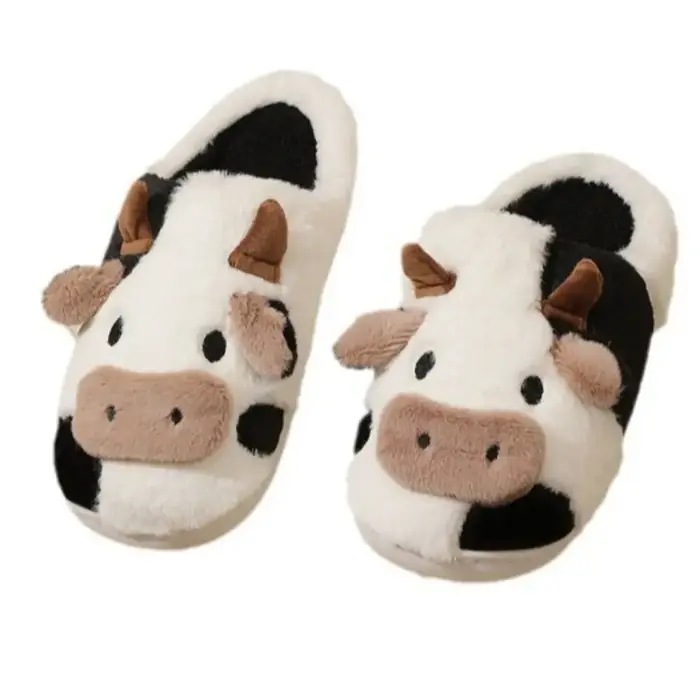 1 paire de pantoufles en peluche de vache antidérapantes