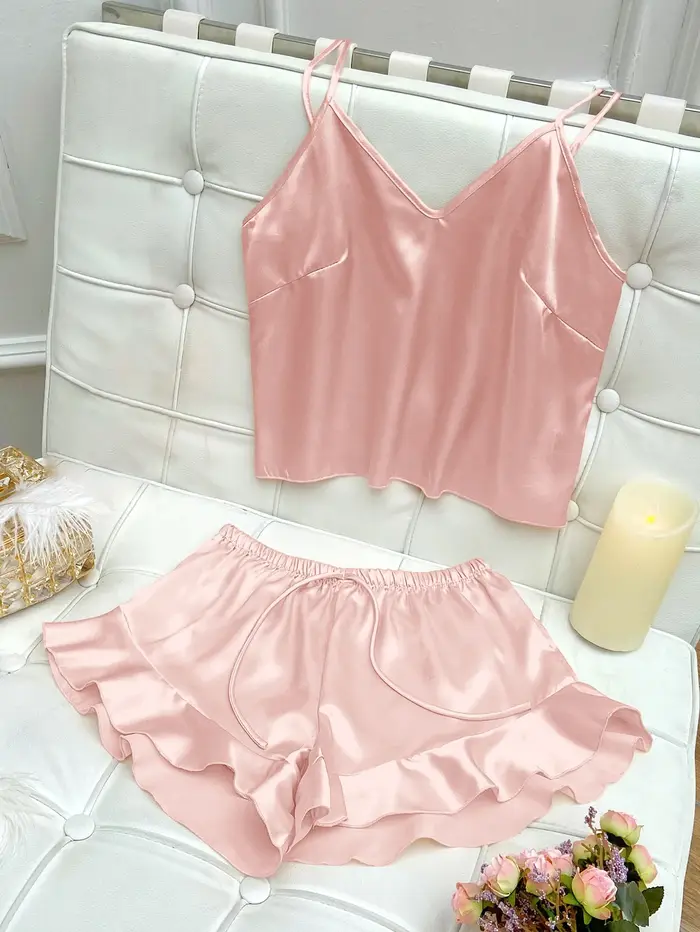 Ensemble pyjama en Satin uni, col en V, haut caraco, short à volants, vêtements de nuit pour femmes, vêtements de détente