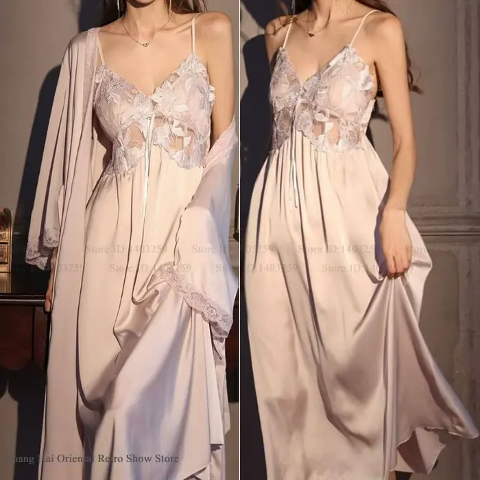 Élégant femme longue Robe ensemble chemise de nuit soyeux glace soie vêtements