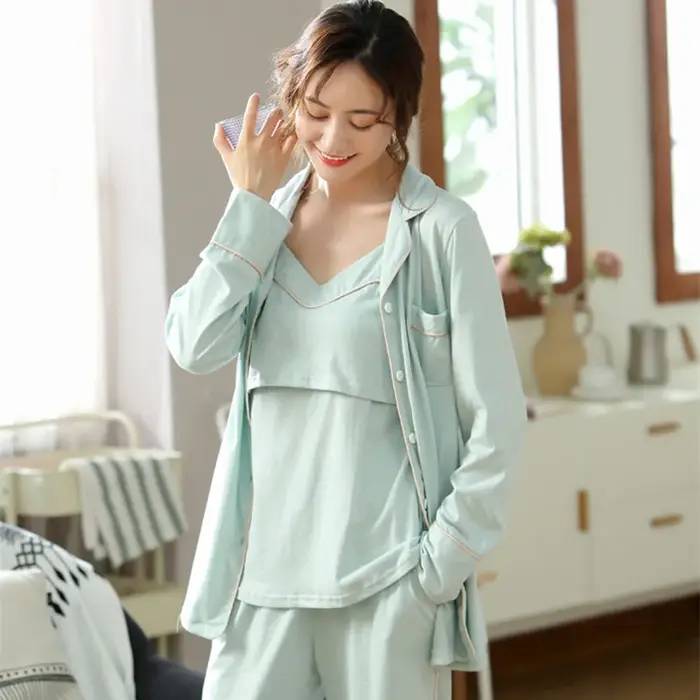 Fdfklak-Pyjama 3 Pièces en Coton pour Femme Enceinte