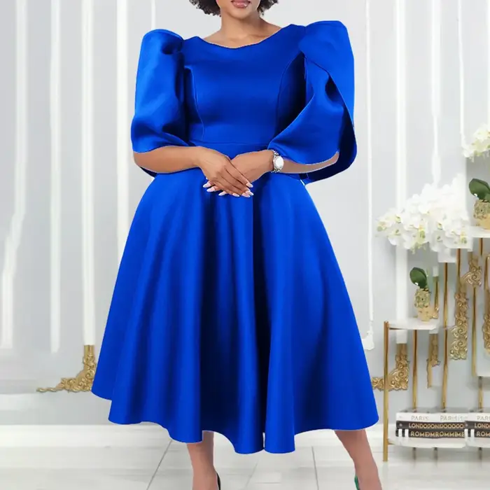 Robe de soirée plissée mi-mollet taille haute pour femme, col rond, demi-manches, robe élégante, lux