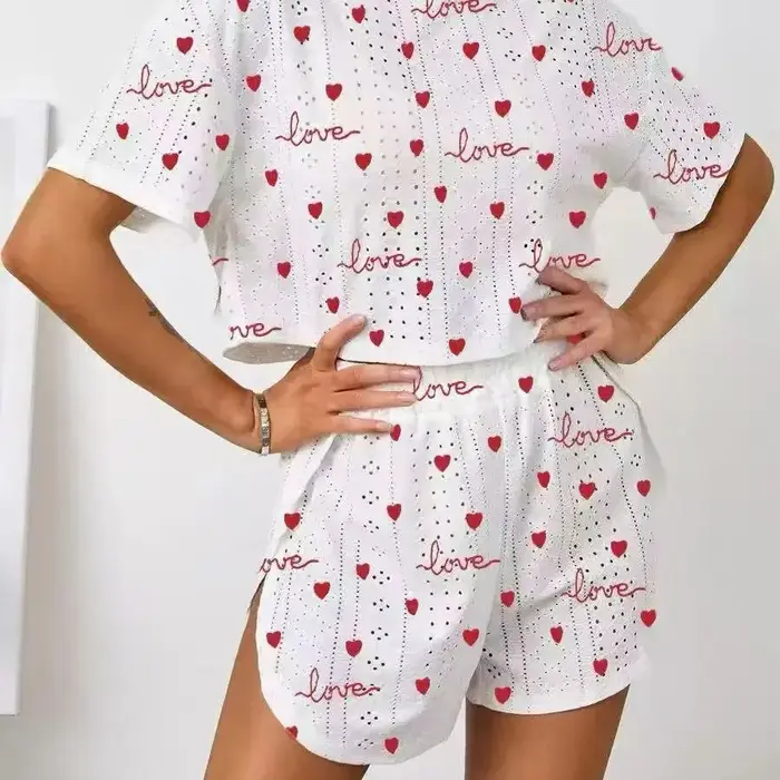 Ensemble pyjama 2 pièces pour femmes, imprimé cerises, manches courtes, col rond, haut court, short 