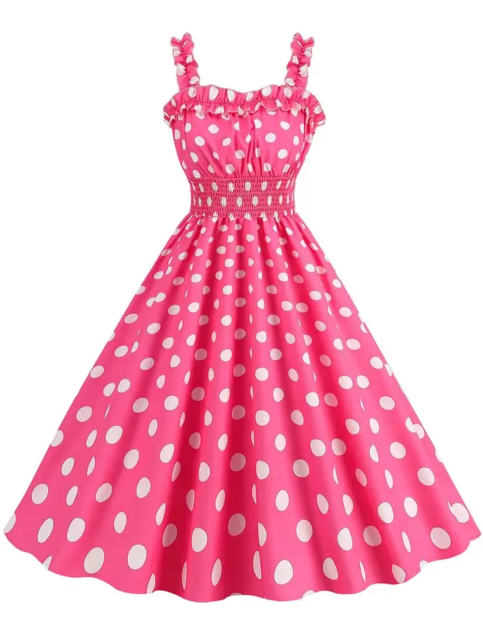 Robe mi-longue froncée à pois roses pour femmes