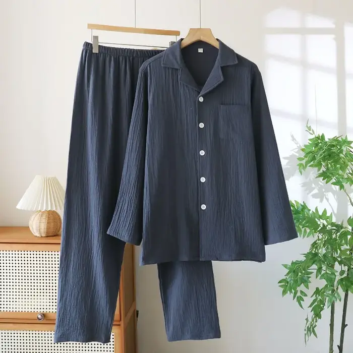 Pyjama fin à manches longues pour hommes, grande taille, vêtements de détente en gaze de coton pur, costume à revers, couleur unie, vêtements de nuit amples, printemps et automne