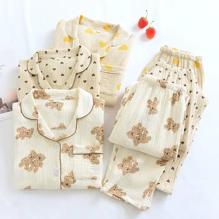 Femmes Pyjamas 2 pièces ensemble 100% coton gaze à manches longues pantalon mignon ours imprimé