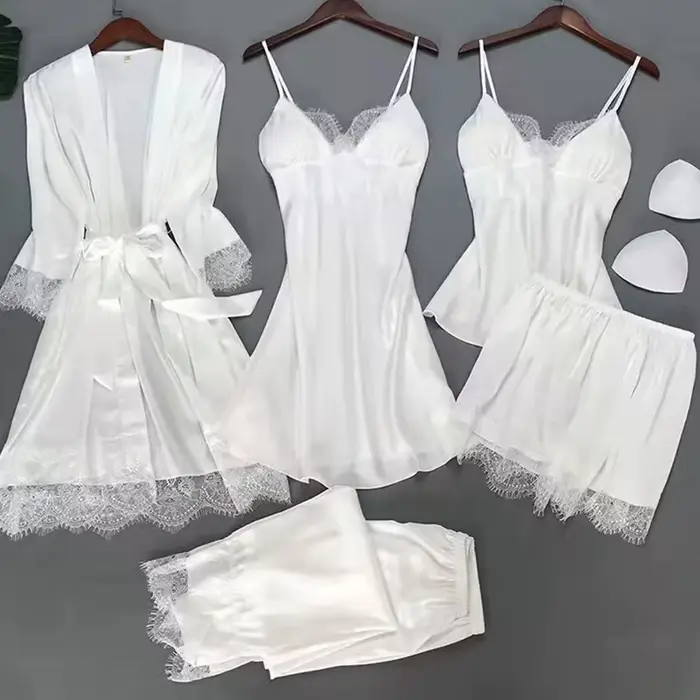Blanc 5 pièces ensemble de sommeil Pyjamas dame dentelle Satin