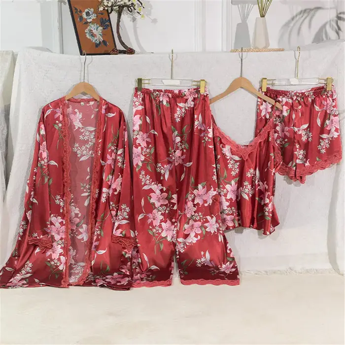 Grande taille femmes Pyjamas 4 pièces ensemble soyeux maison vêtements Pijamas costume imprimé fleur