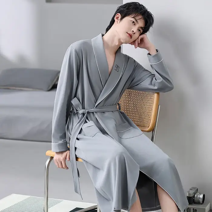 Printemps automne peignoir hommes 100% coton haut de nuit Kimono Robes pour homme solide Robes longu