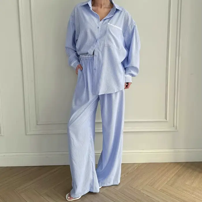 Rayé vêtements de nuit pour femmes 2 pièces costume à manches longues chemise de nuit col rabattu py