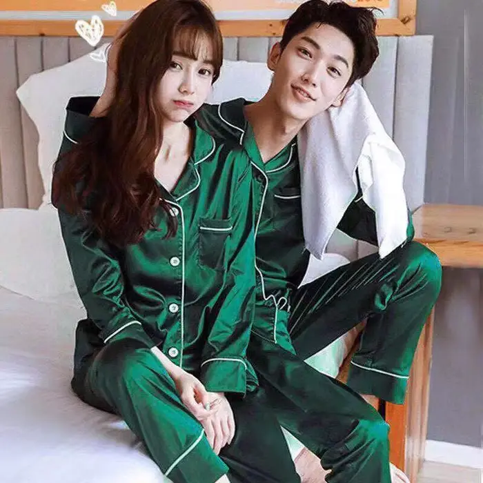 Vêtements de nuit Couple soie Satin couleur unie pyjama ensembles Long boutonné Pijama grande taille maison