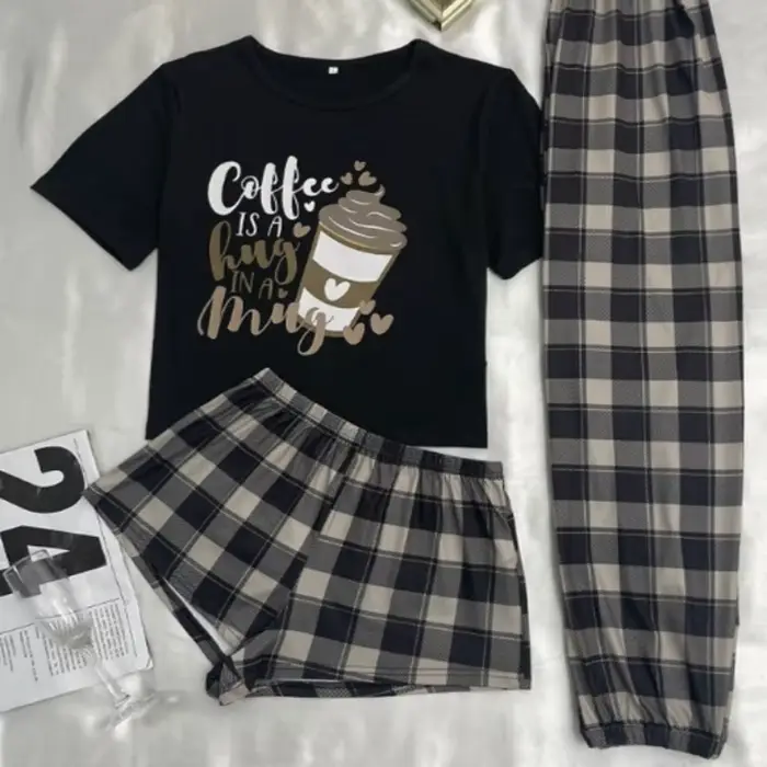Ensemble pyjama 3 pièces confortable pour femmes, Style décontracté, manches courtes, col rond, haut