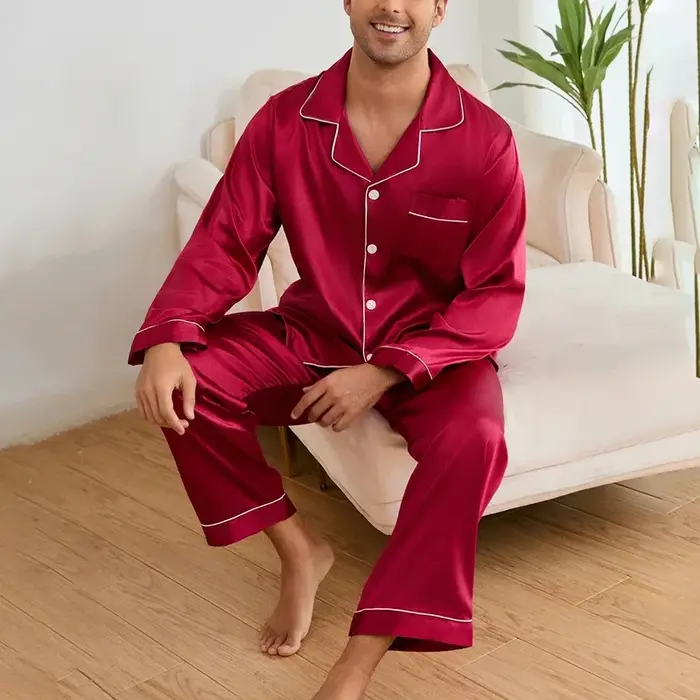Hommes vêtements de nuit Satin pyjama ensembles à manches longues hauts avec pantalon