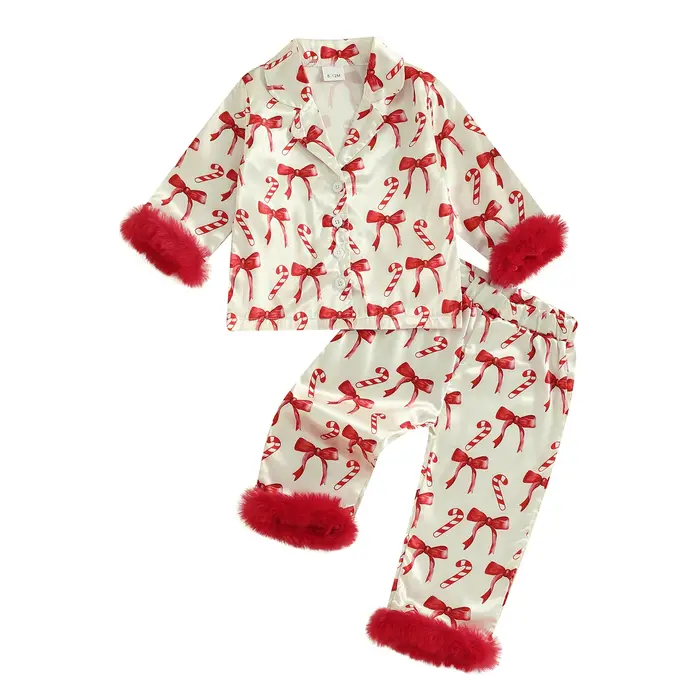Ensemble pyjama de noël pour petites filles de 0 à 7 ans, mignon, canne à sucre et motif de nœud, bo