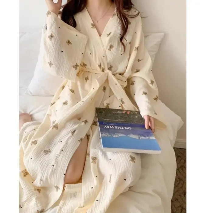Robe de nuit femme printemps et automne nouveau Style japonais Ins mignon peignoir ours à manches longues décontracté