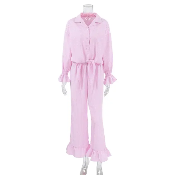 Pyjama rose à carreaux avec volants, chemise à manches longues à revers, pantalon à lacets, ensemble