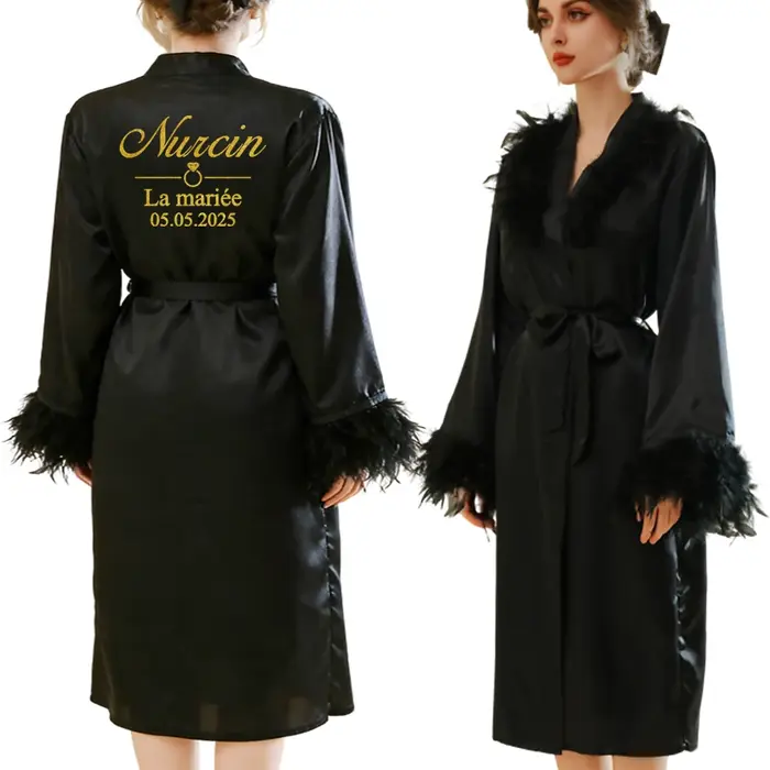 Ensemble de peignoirs élégants personnalisés avec nom, date et logo, en plumes, pour mariée, vêtemen
