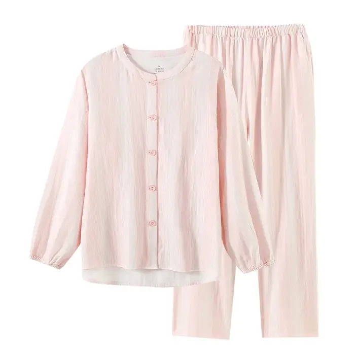 Pyjama en coton à rayures dégradées, Double gaze, vêtements de détente pour couples, col rond, manches longues, pantalon pour femmes, automne 2025