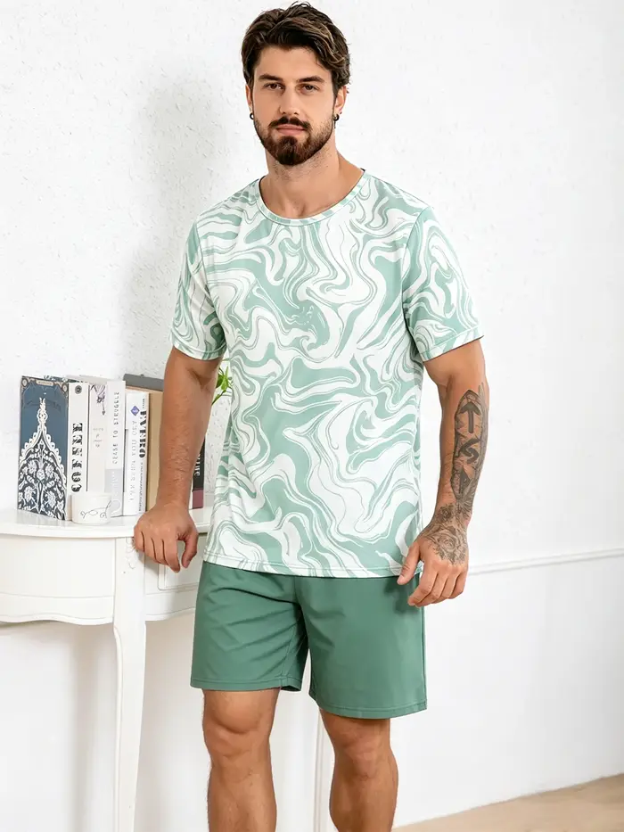 Pyjama élégant pour homme, ensemble 2 pièces, manches courtes et short à carreaux, vêtements de nuit