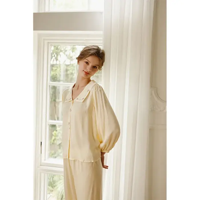 Pyjama Deux Pièces Brodé en Rayonne pour Femme, Manches sulf, Doux, 100% Viscose, Pantalon Long, Vêtements de Nuit, Printemps