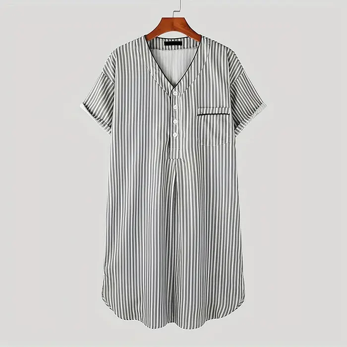 Pyjama décontracté pour homme à manches courtes, col en V, robe de nuit rayée, ample, de qualité sup