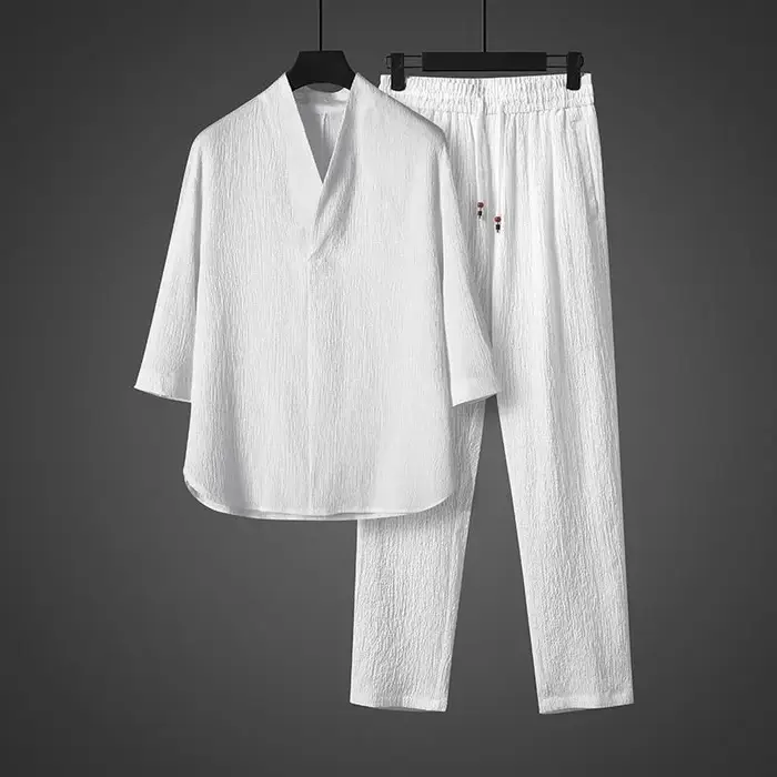 Ensemble Homme Printemps-Été Léger Deux Pièces en Soie Glacée : Haut Boutonné à Col en V et Manches 