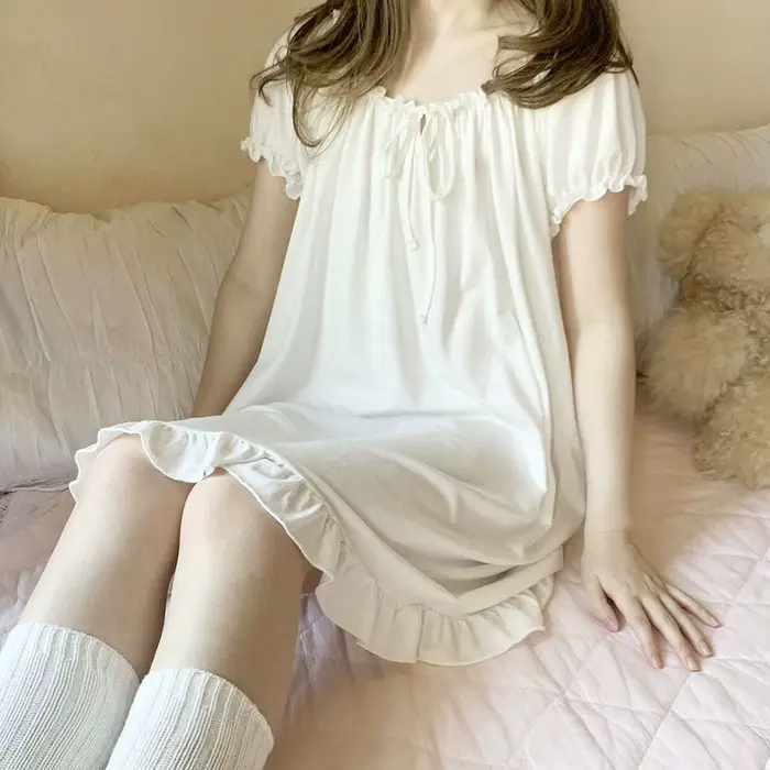 Femmes chemises de nuit à manches courtes solide blanc bleu vêtements de nuit étudiant doux belle ch