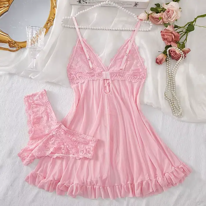 2 pièces ensemble dentelle chemise de nuit femmes exquis Homewear nuisettes pyjamas Transparent fendu