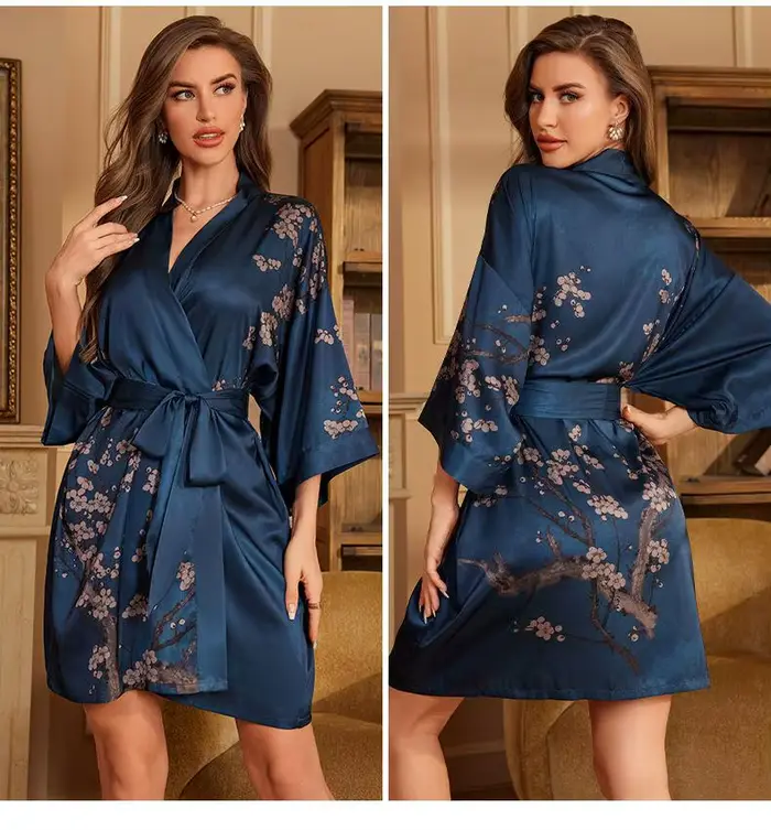 Robe de nuit en satin pour femmes, vêtements de détente, peignoir kimono imprimé soyeux, vêtements d