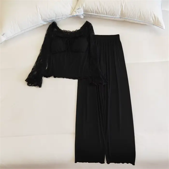 Pijamas Mujer mode dentelle Modal vêtements de nuit femmes coussin de poitrine à manches longues pantalon Pyjamas