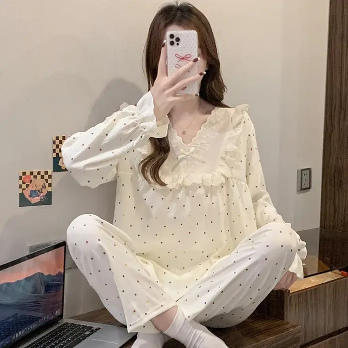 Ensemble de pyjama pour femmes à pois colorés printemps-automne, ensemble de pyjama décontracté simple 2 pièces, pyjama à col en V, vêtements de nuit doux, vêtements de maison PJS
