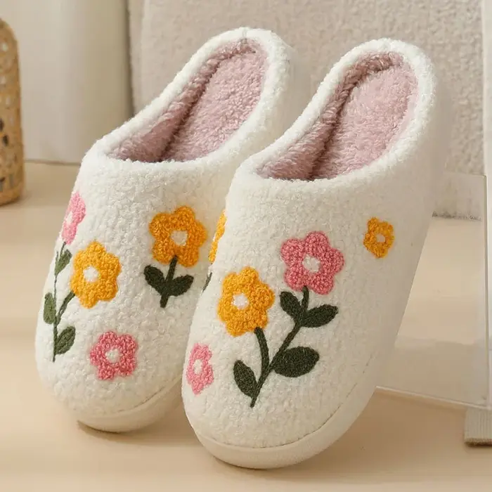Mignon fleur broderie maison pantoufles femmes confortable semelle souple antidérapant intérieur cot