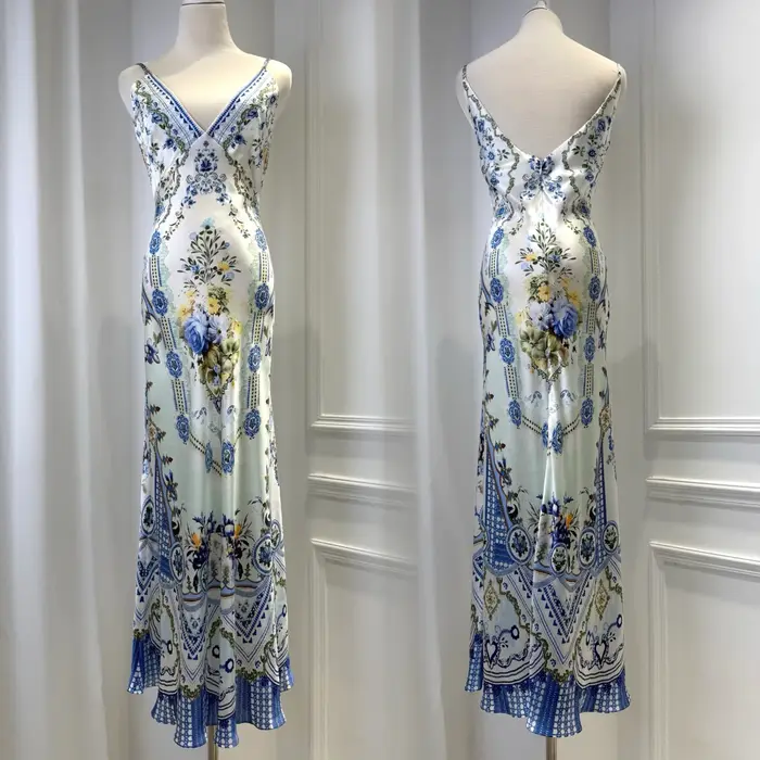 Robe longue en soie 100% pour femme, imprimé floral, dos nu, col en V, taille haute, élégante, robe 