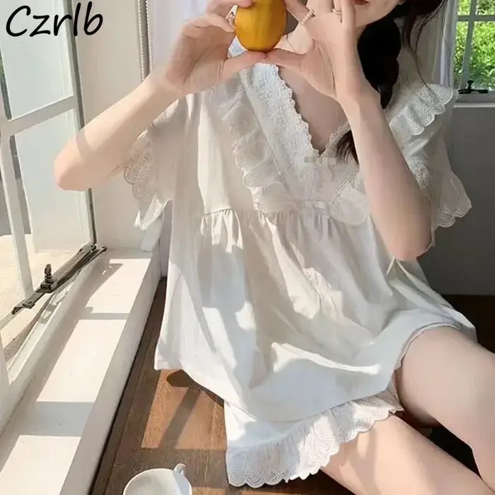 M-5XL pyjama ensembles femmes princesse adt maison à manches courtes doux volants style coréen solide mode été décontracté chic vêtements de nuit