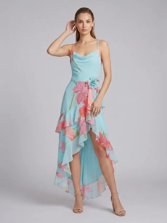 Robe longue d'été sexy à bretelles spaghetti imprimée avec volants fendus pour femme