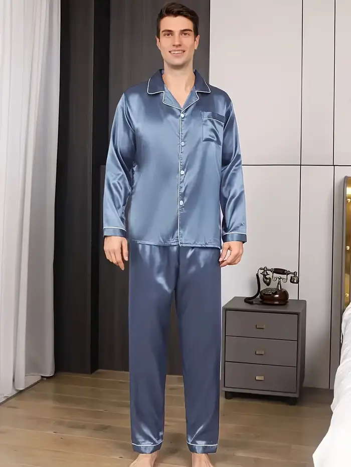 Hommes pyjama ensembles vêtements de nuit en microfibre pour dormir homme chemise soie à manches longues