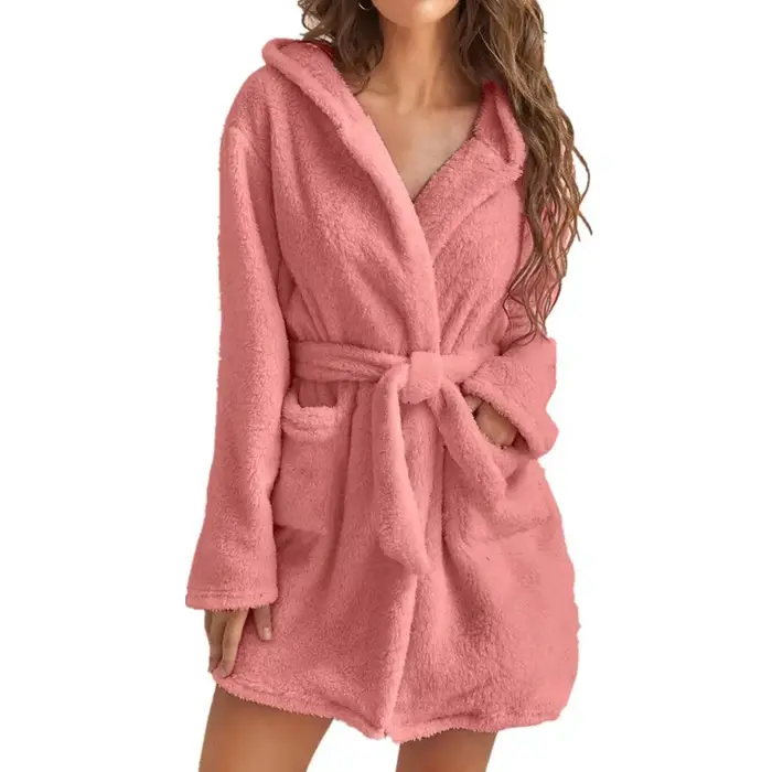 Hiver femmes Robe de bain moelleux en peluche pyjamas dames Sexy à capuche Robe de couleur unie chau