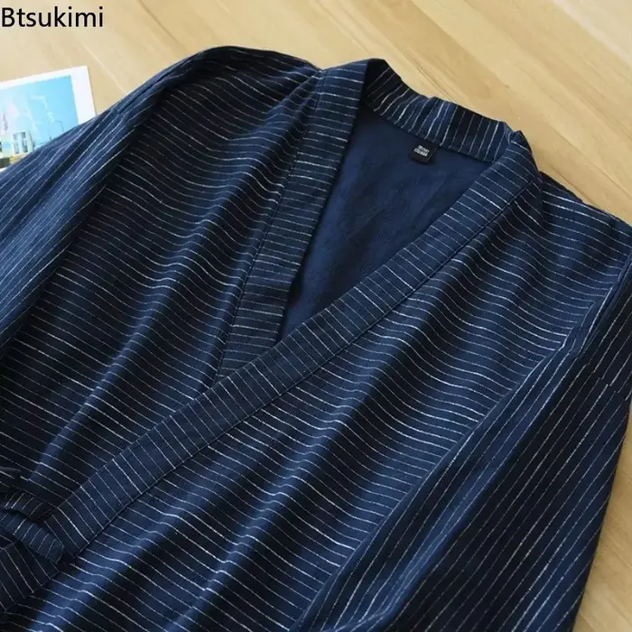 Pyjama Kimono Homme Manches Longues Pantalon Japonais Nouvelle Collection Été Ample Simple Coton Rayé Ensemble de Nuit Respirant